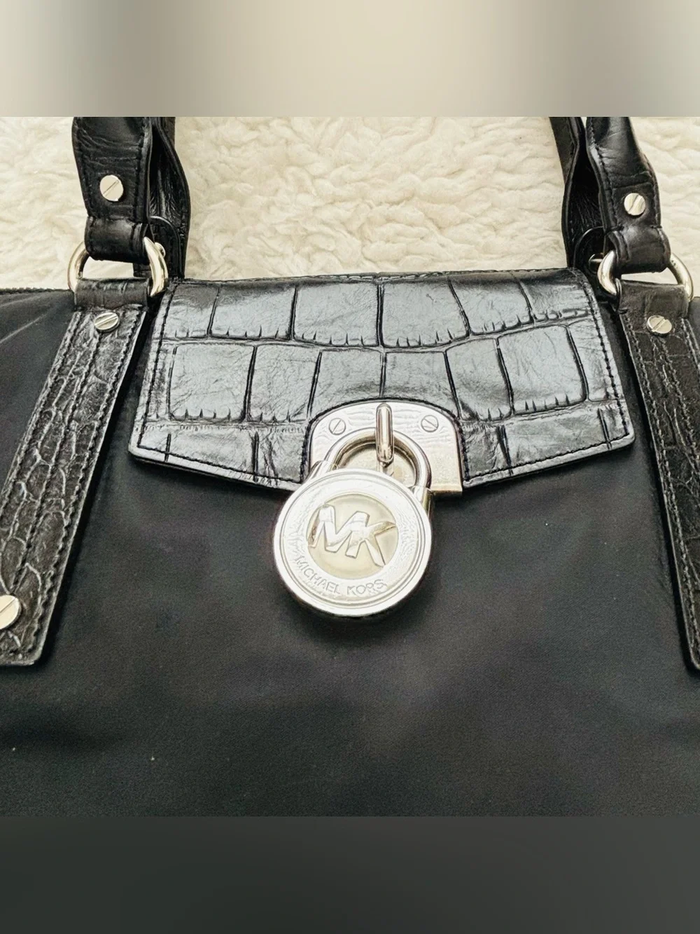 Michael Kors Black Tote with Croc-Trim Flap and Logo Lock